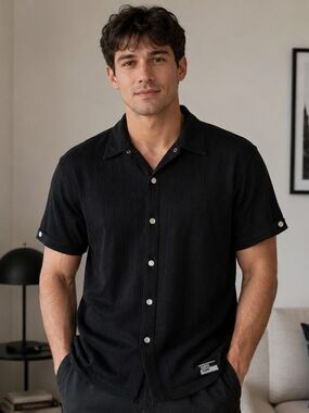 Guess NWOT Black Short-Sleeve Snap Button Casual Dress Shirt. Mens Medium